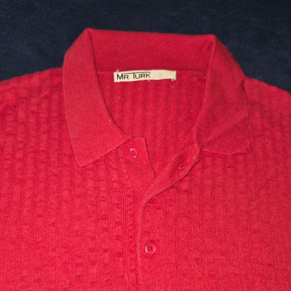 Mr Turk Mens Red Raspberry Textured Knit Polo Shirt Short Sleeve Retro Medium